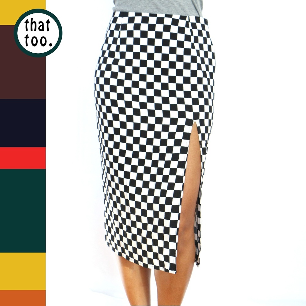 Black & white checkered midi skirt with slit